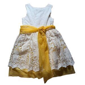 Charabia Girls White & Yellow Lace Dress With Tulle Sash - Size 5A